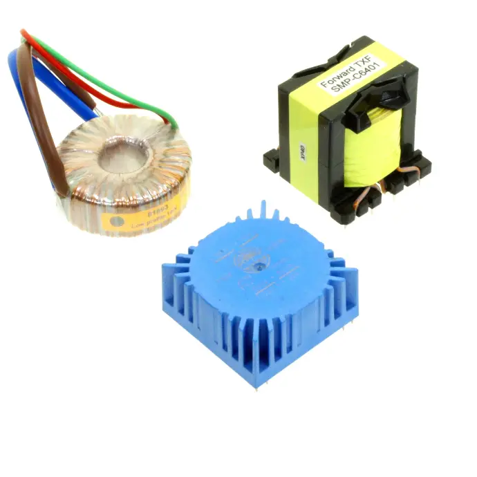 Three different types of electrical transformers: a toroidal coil, a high frequency transformer with yellow tape, and a blue potted transformer with a finned casing.